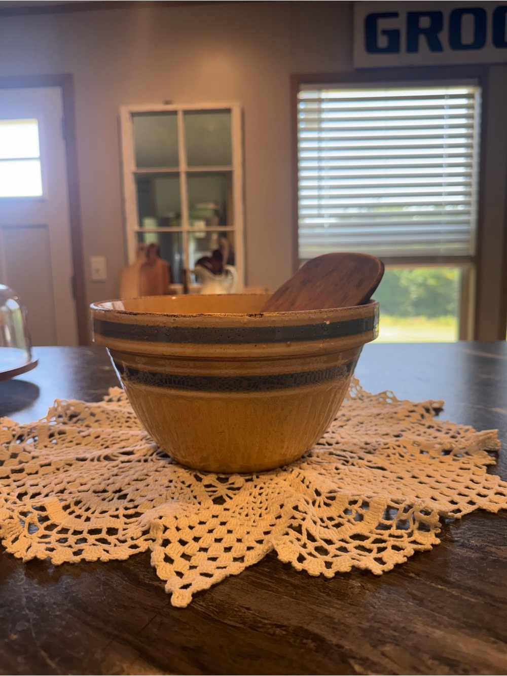 Yellow Ware Mixing Bowl with Blue Bands